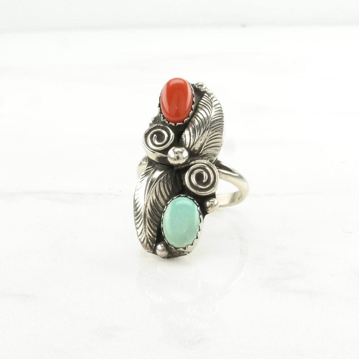 Native American Silver Ring Turquoise, Coral Leaf Sterling Green, Red Size 5 3/4