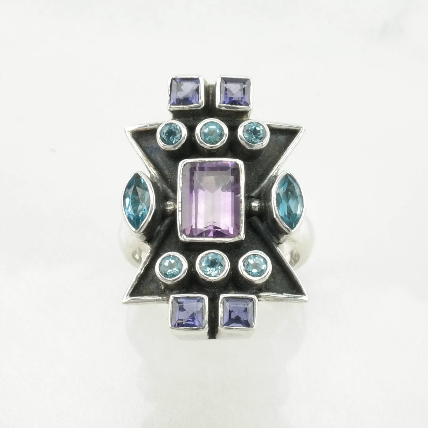 Nicky Butler Silver Ring Amethyst, Topaz Cluster, Geometric Sterling Blue, Purple Size 7