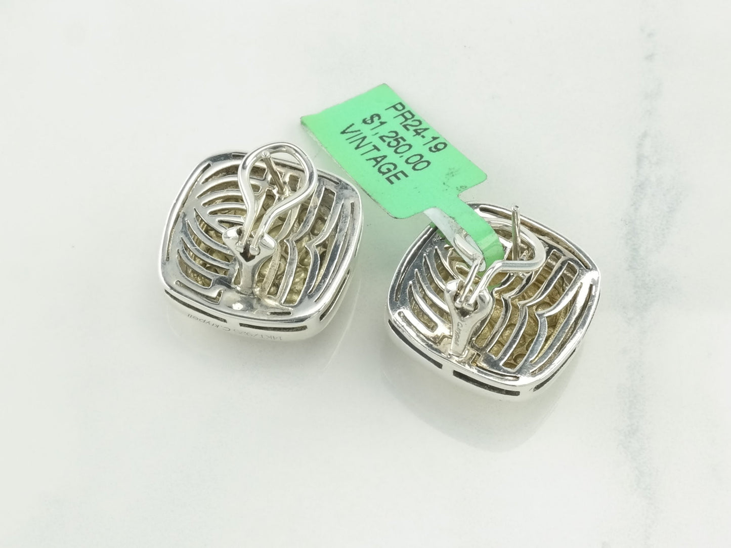 Krypell Cushion Snakeskin Pattern 14K Gold Sterling Silver Earrings Omega Back Posts