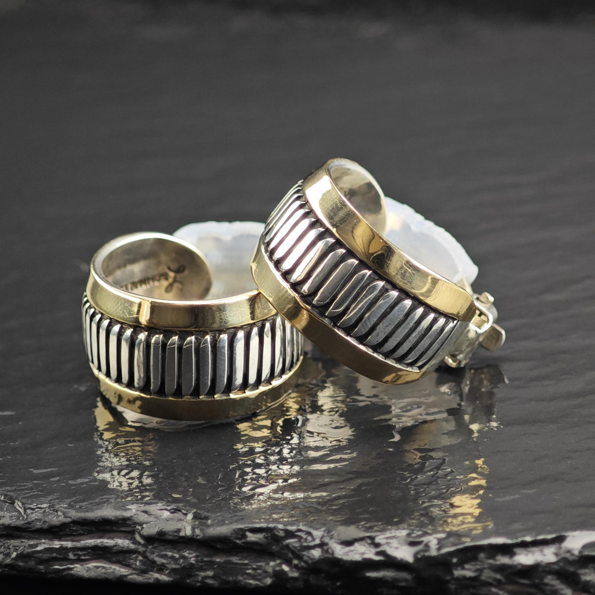 Vintage Navajo Leonard Scnallie 14k Gold Accent Hoops Sterling Silver Earrings ER3239