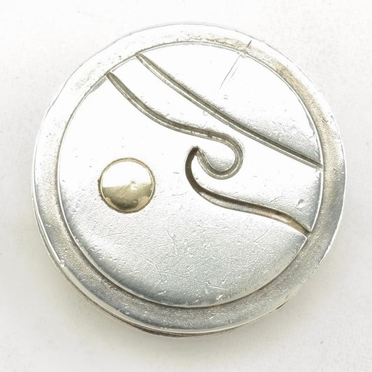 Vintage Modernist Etched, Wave, Whale Circular Sterling Silver Pendant