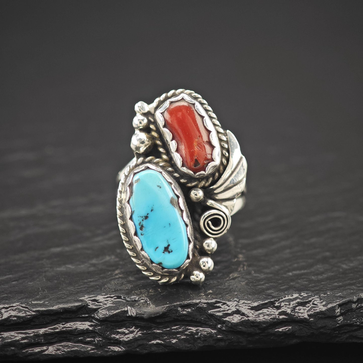 Native American Turquoise Coral Ring Sterling Silver