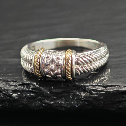 14K Gold Accent Band Sterling Silver Ring Sz 7 R6741