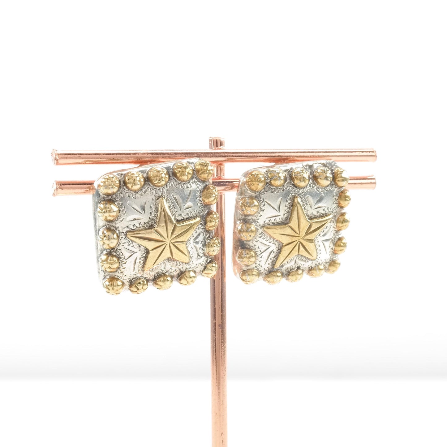 Vintage Western Sterling Silver Stud Earrings Square Brass Star