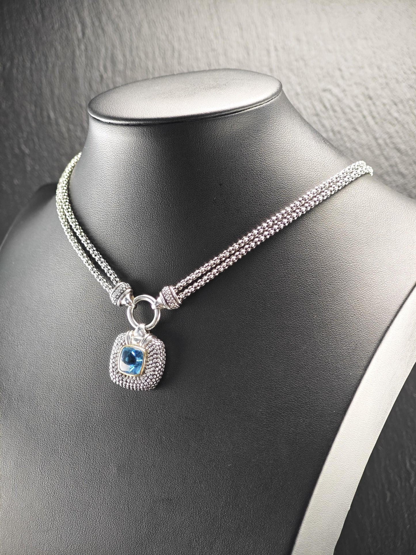 Designer Blue Topaz, 14k Gold Bezel Necklace Sterling Silver N2487