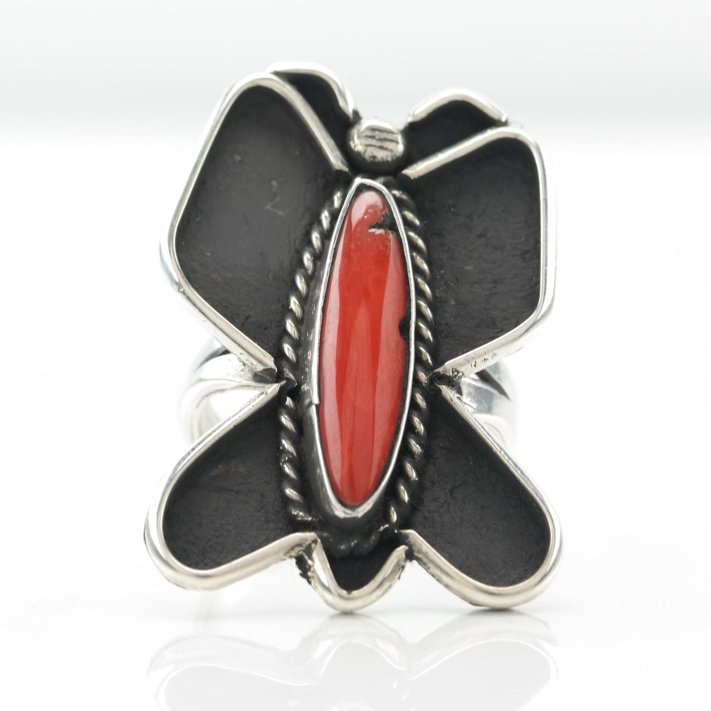 Native American Coral Butterfly Silver Ring, Shadow Box Sterling Size 7 1/2