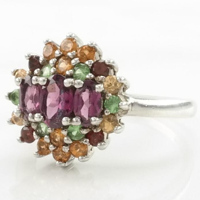 Vintage Sterling Silver Ring Garnet, Peridot, Citrine Cluster Size 8