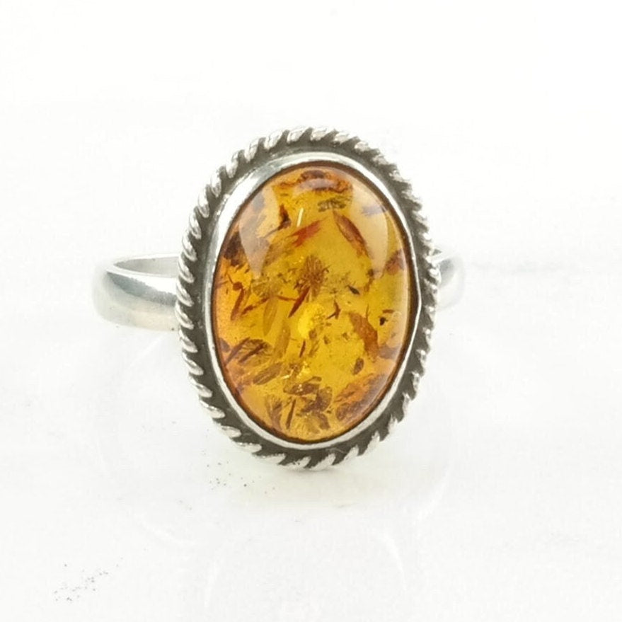 Sterling Silver Ring Amber Rope Detail Orange Size 6 1/2