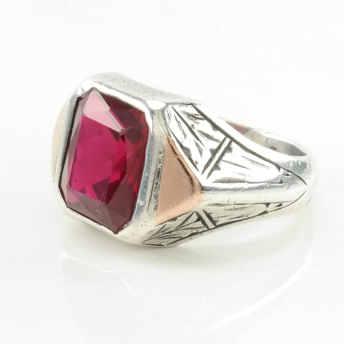 Art Deco Sterling Silver Ring Created Ruby Gold Accent Hand Engraved