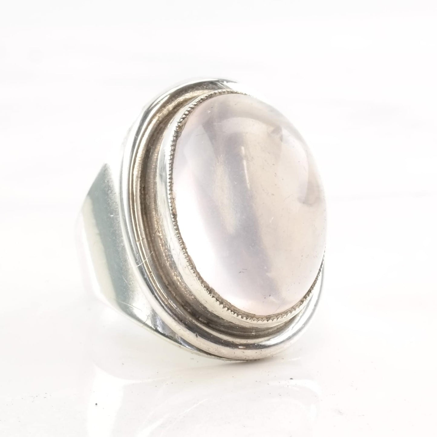 European Modernist Silver Ring Rose Quartz Size 6 3/4