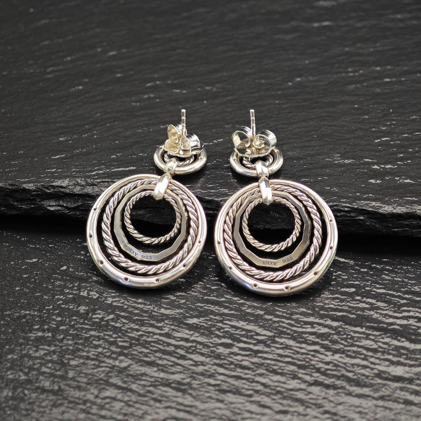 David Yurman Diamonds Stax, 14k Gold Posts Stud/Dangle Earrings Sterling Silver