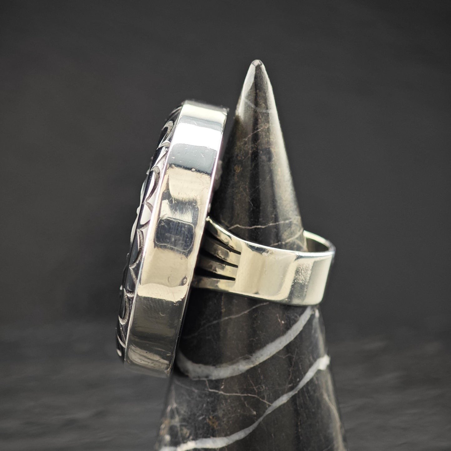 Large Carved Black Gemstone Ring Sterling Silver Size 9