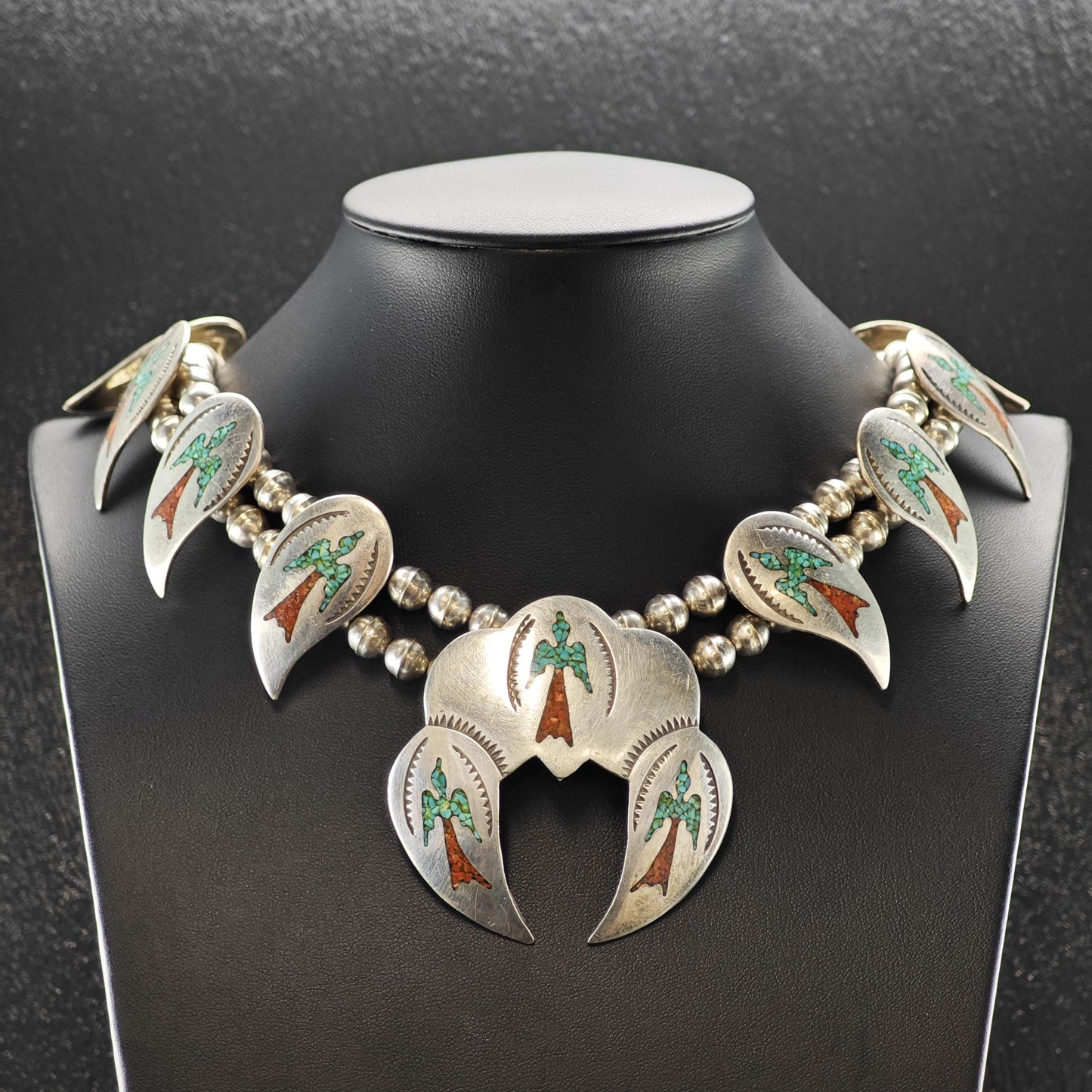 Navajo Turquoise Coral Chip Inlay Peyote Bird Squash Blossom Necklace Sterling Silver N2662