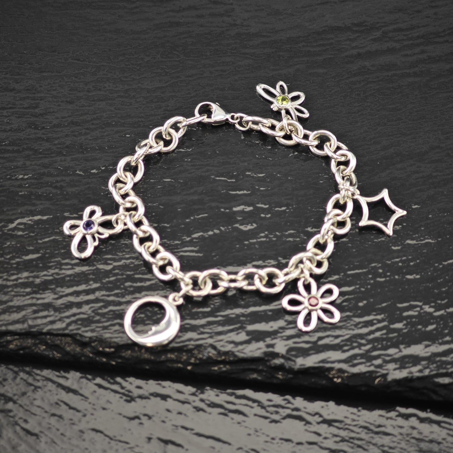 2003 Tiffany Charm Gemstone Link Bracelet Sterling Silver Size 7"