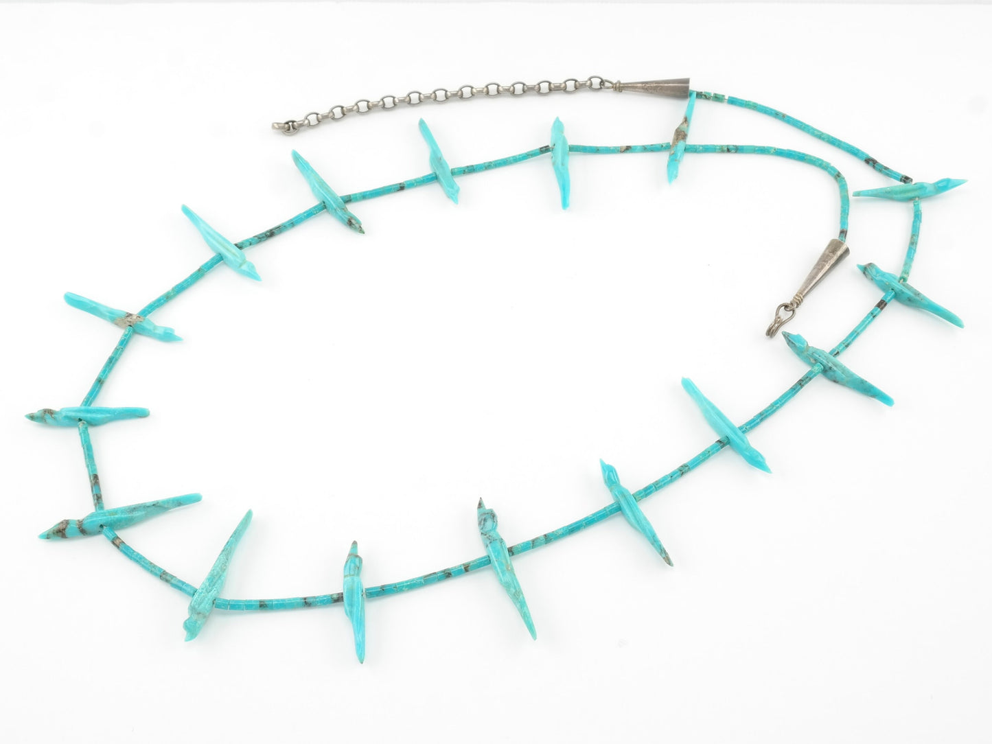 Zuni Blue Carved Turquoise Heishi Fetish Sterling Silver Necklace