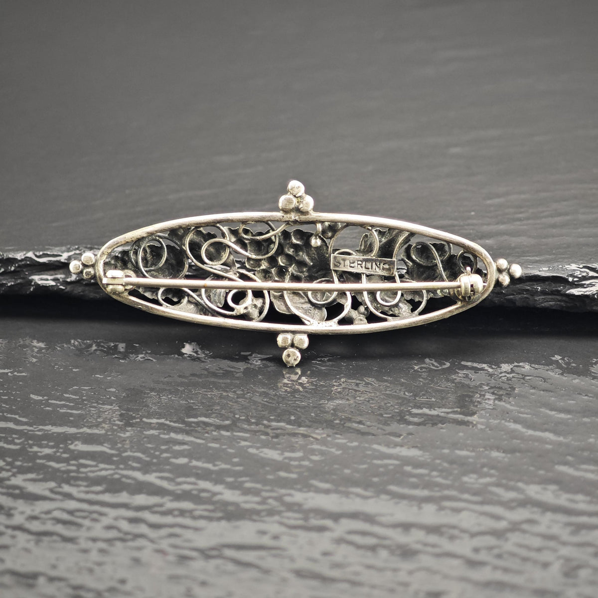 Mid-Century Grape Vine Sterling Silver Brooch B2235