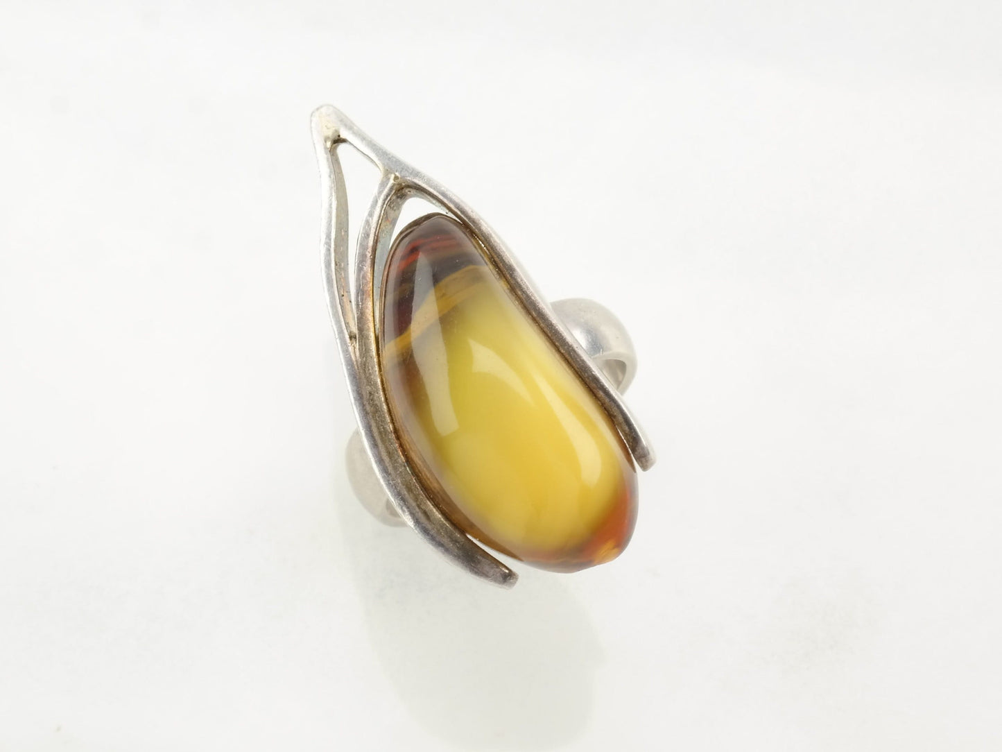 Sterling Silver Amber Ring Modernist Abstract Size 7