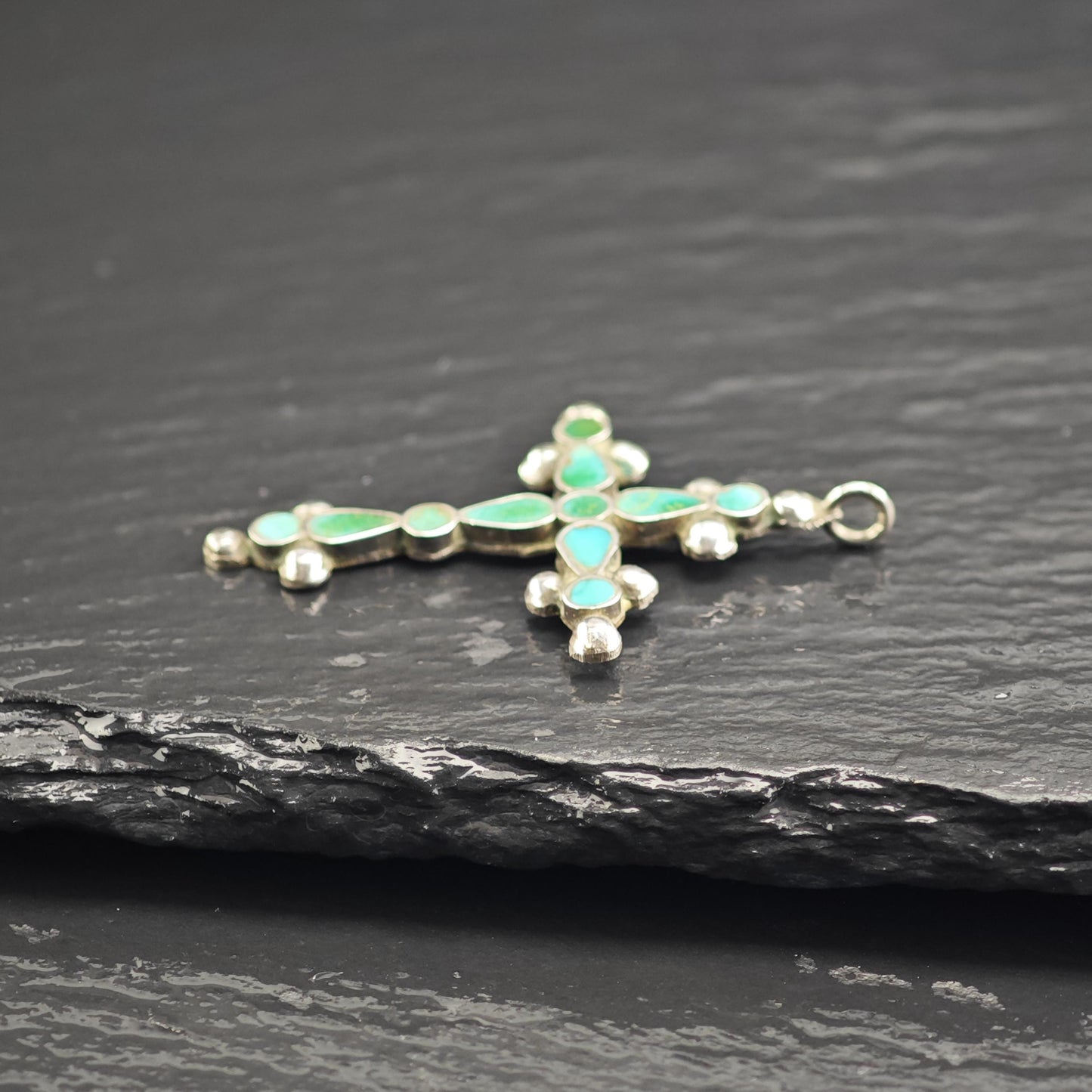 Vintage Zuni Inlay Turquoise Cross Pendant Sterling Silver P3033