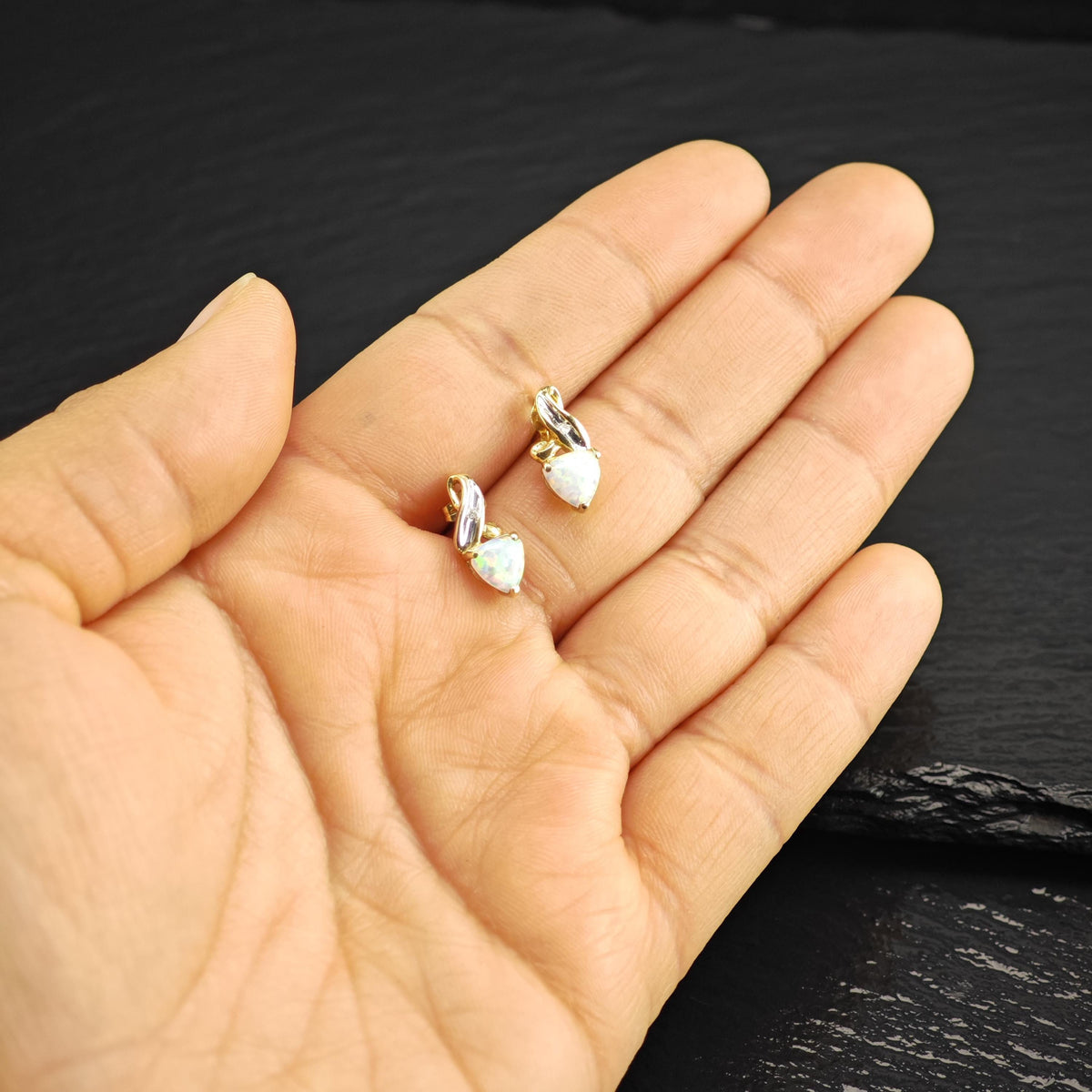 Lab Opal, Diamond Chip 10K Gold Stud Earrings ER3223