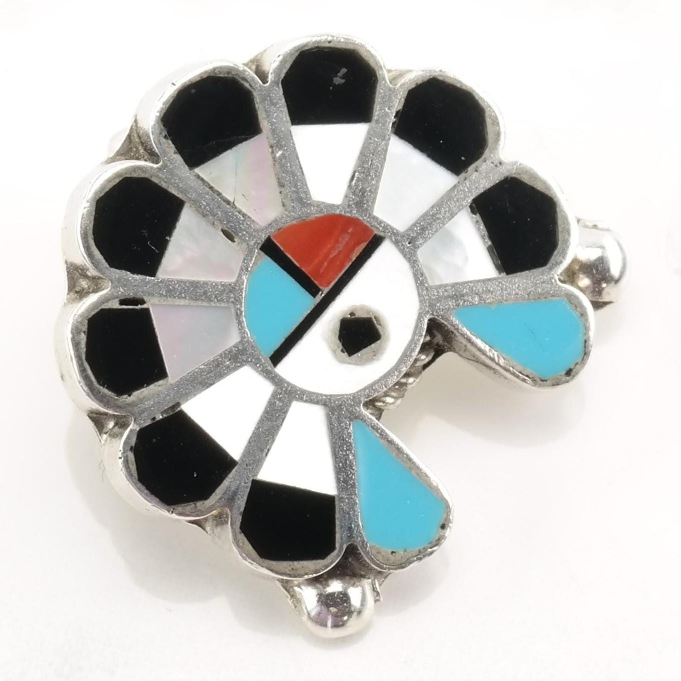 Native American Sterling Silver Brooch Pendant Inlay MOP Turquoise Coral Onyx