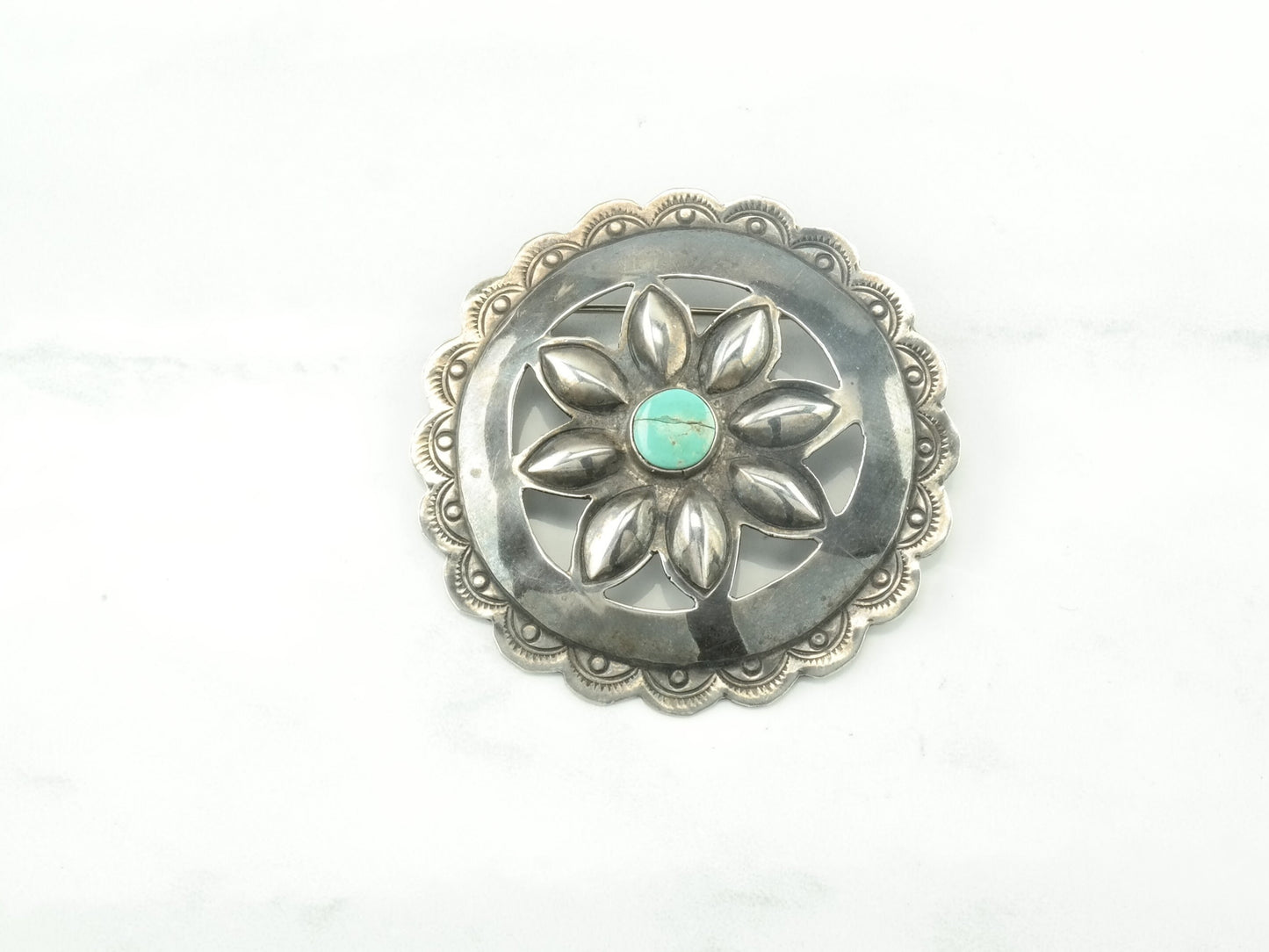 Southwestern Native American Sterling Silver Blue Turquoise Concho Brooch