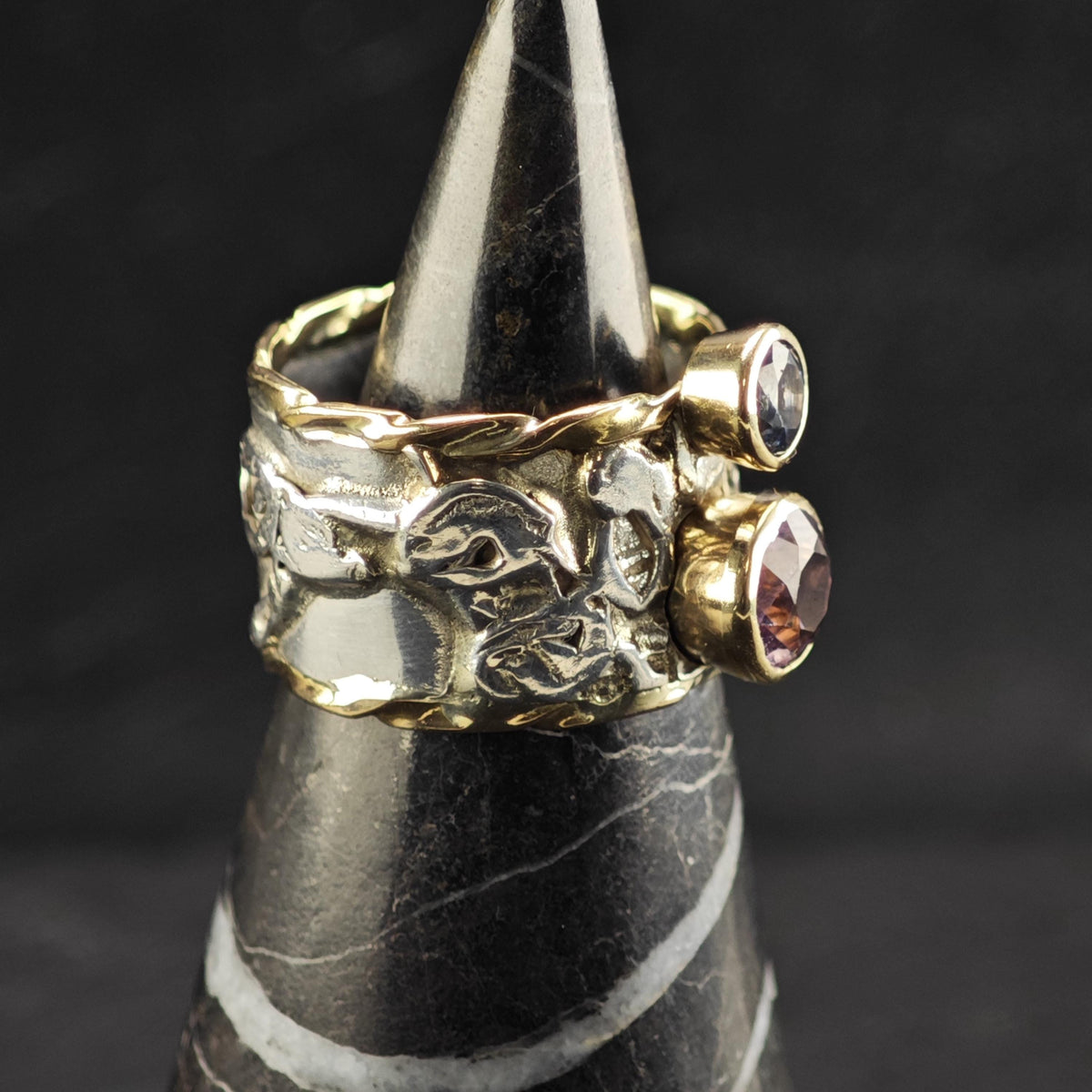Artisinal Brutalist Amethyst Topaz 10k Gold Accent Sterling Silver Ring Sz 6 R6863