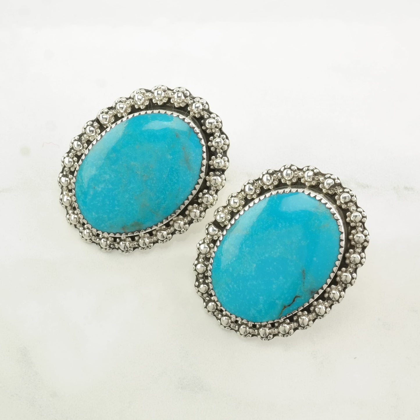 Native American Sterling Silver Large Turquoise Earrings Stud