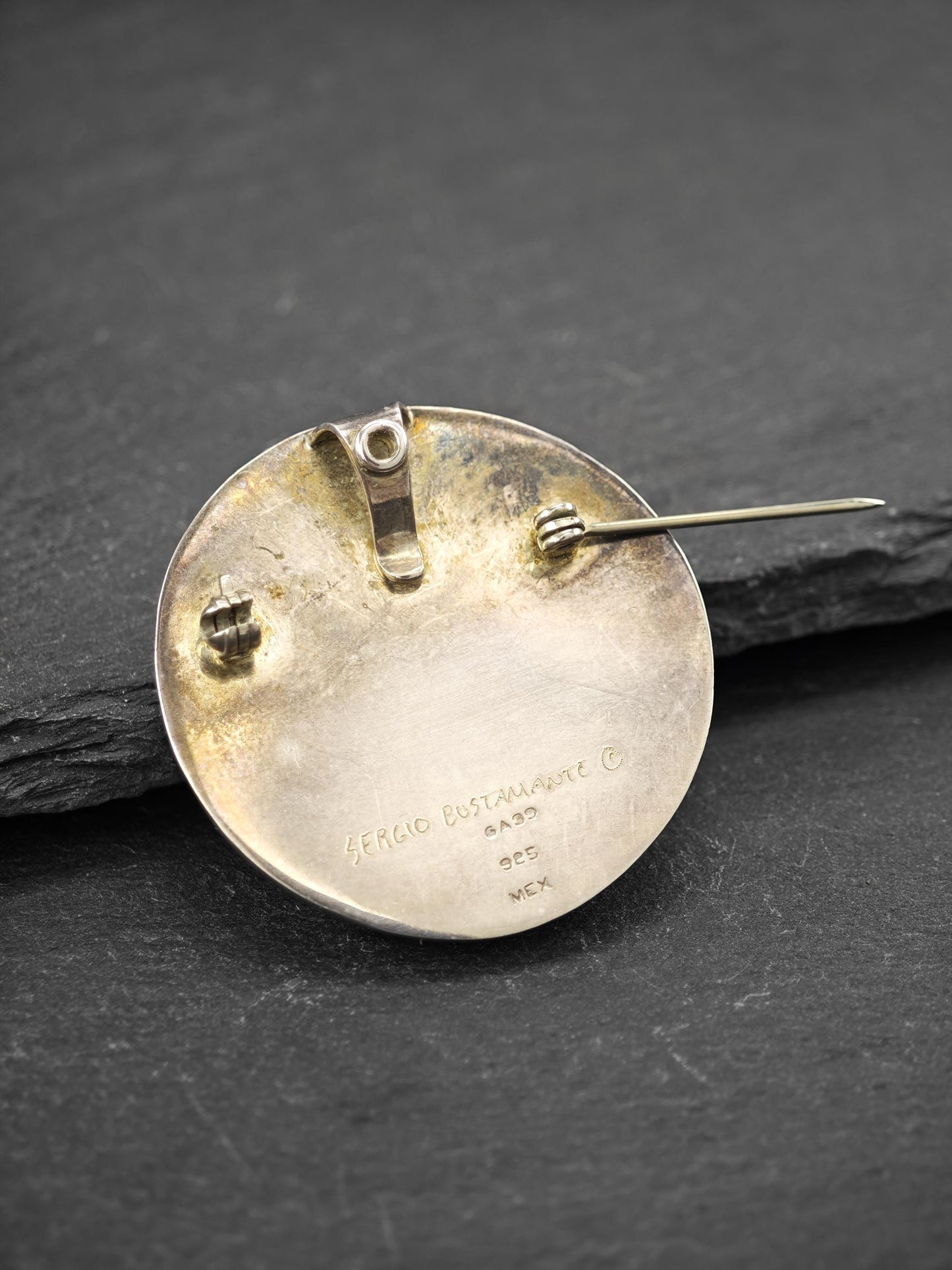Sergio Bustamante Enamel, Moonface Brooch/Pendant Sterling Silver