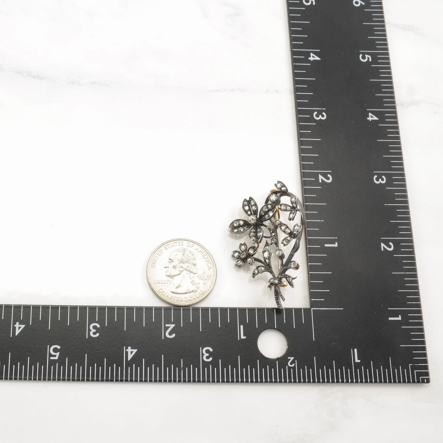 Victorian Antique Sterling Silver Brooch Floral Rose Cut Diamond