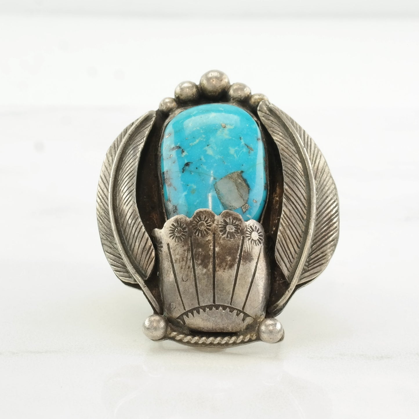 Native American Silver Ring Turquoise Feather, Stamped Sterling Size 7