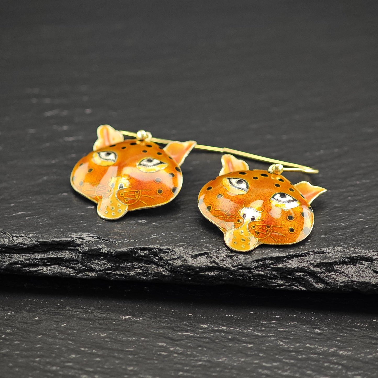 Laurel Burch Orange, Gold Gilded Enamel Cheetah Cat Fish Hook Earrings Sterling Silver