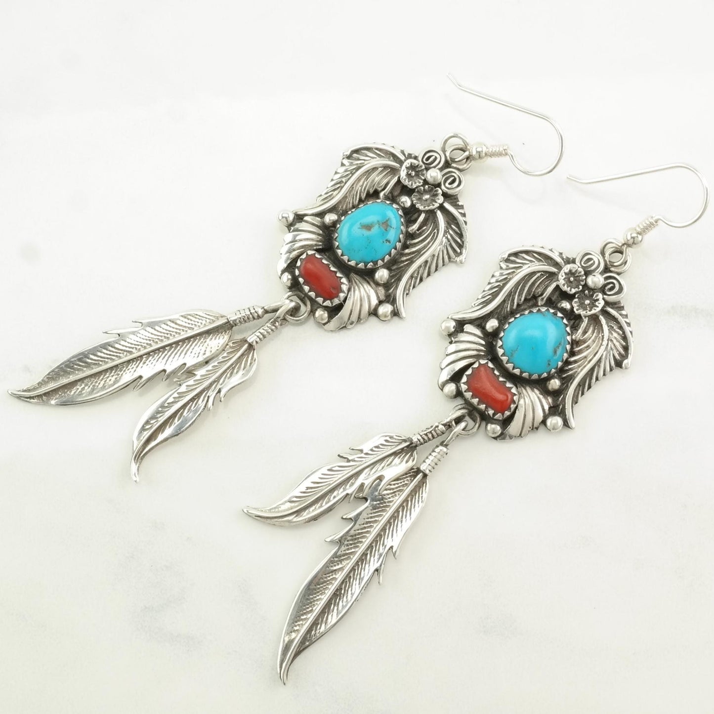 Native American Sterling Silver Turquoise, Coral Feather, Floral Earrings Fish hook