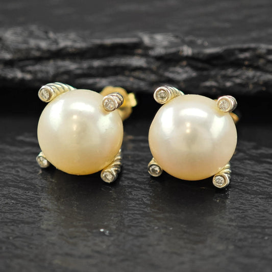 Vintage David Yurman White Pearl, Diamond 14k Gold Post Sterling Silver Stud Earrings