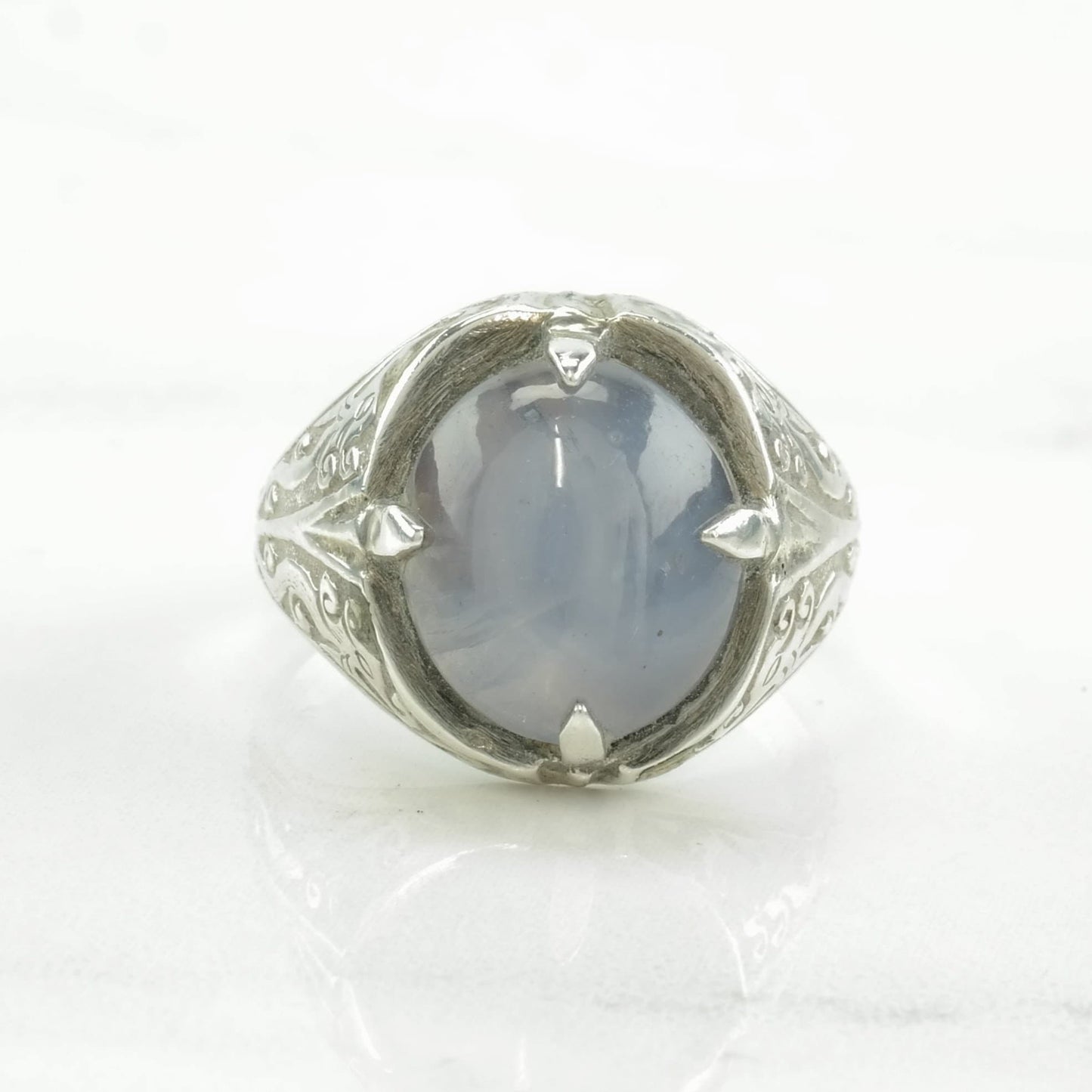 Antique, Chinese Silver Ring 12ct+ Natural Star Sapphire Sterling Size 8 1/2