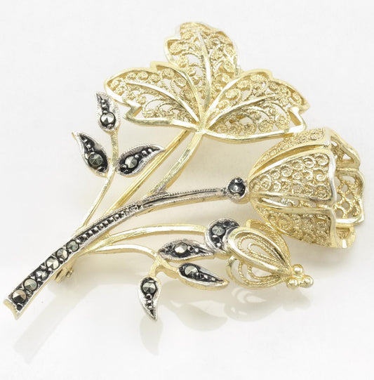 Sterling Silver  Flower Brooch Marcasite Gold Hue B1467