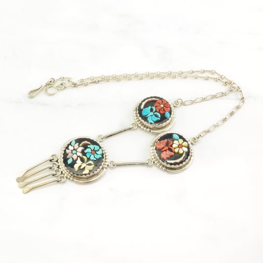 Zuni Sterling Silver Onyx, Coral, Turquoise, MOP Floral, Butterfly, Inlay Necklace