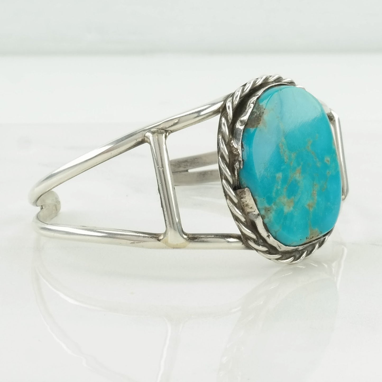 Southwest Sterling Silver Cuff Bracelet Blue Turquoise Rope Detail