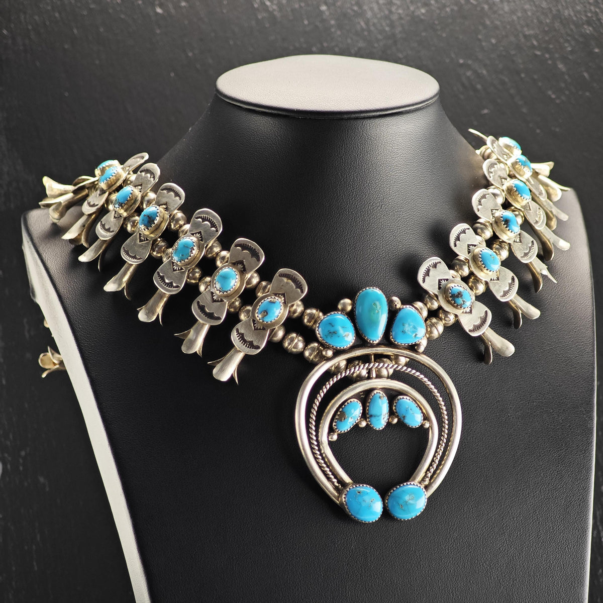 Vintage Navajo, Native American Turquoise Sterling Silver Squash Blossom Necklace N2766