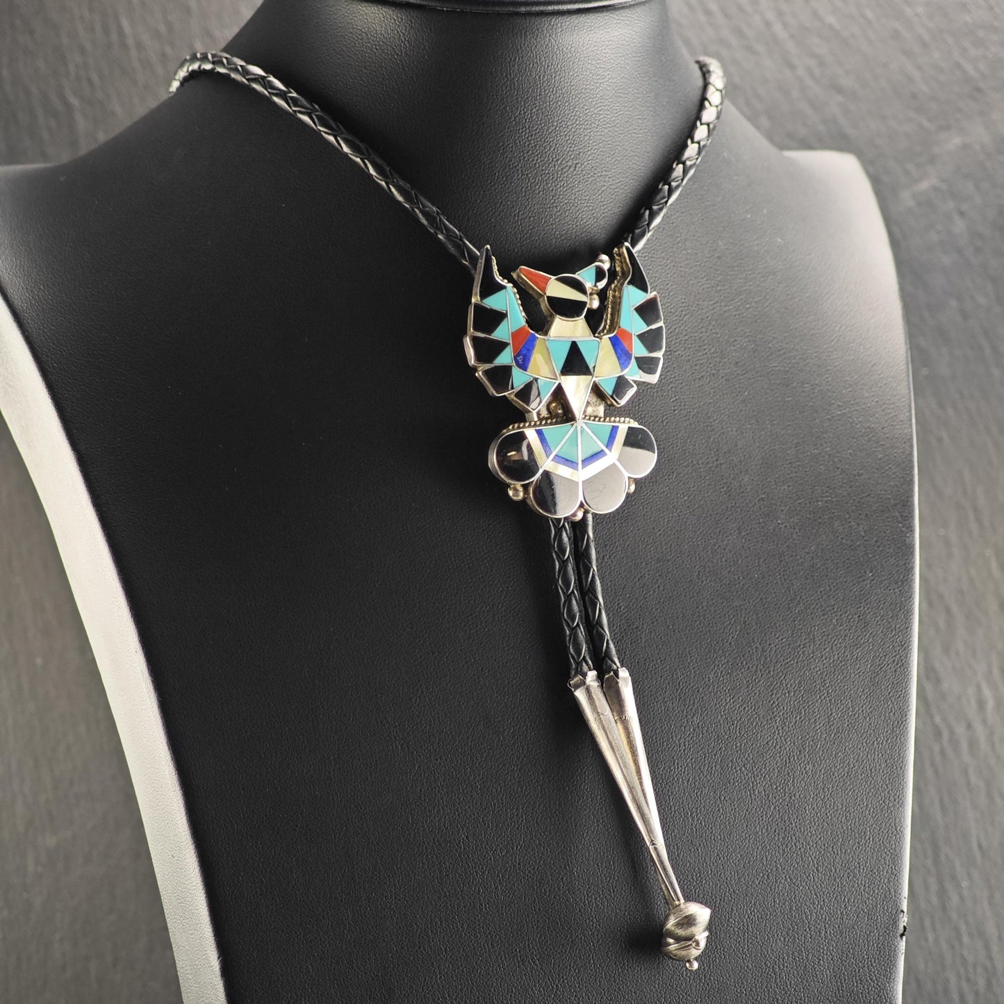 Vintage Native American Sterling Silver, Inlay Thunderbird Bolo Tie Necklace N2744