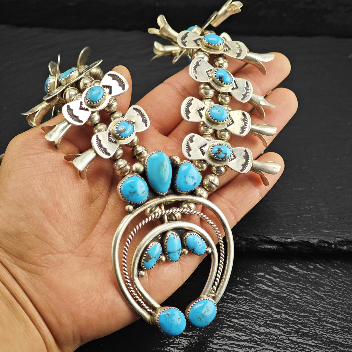 Vintage Navajo, Native American Turquoise Sterling Silver Squash Blossom Necklace N2766