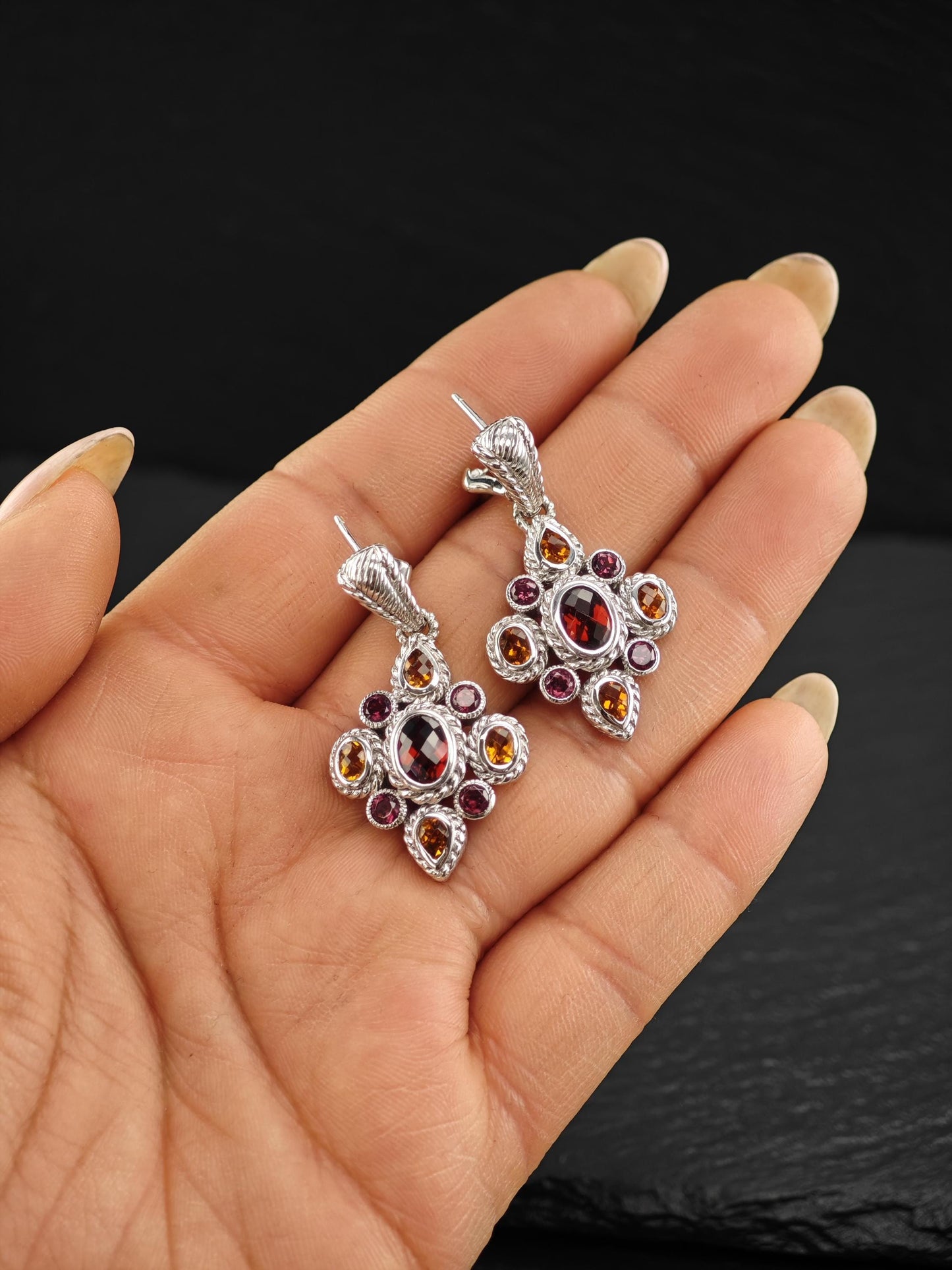 Judith Ripka Garnet Citrine Floral Sterling Silver Omega Back Earrings