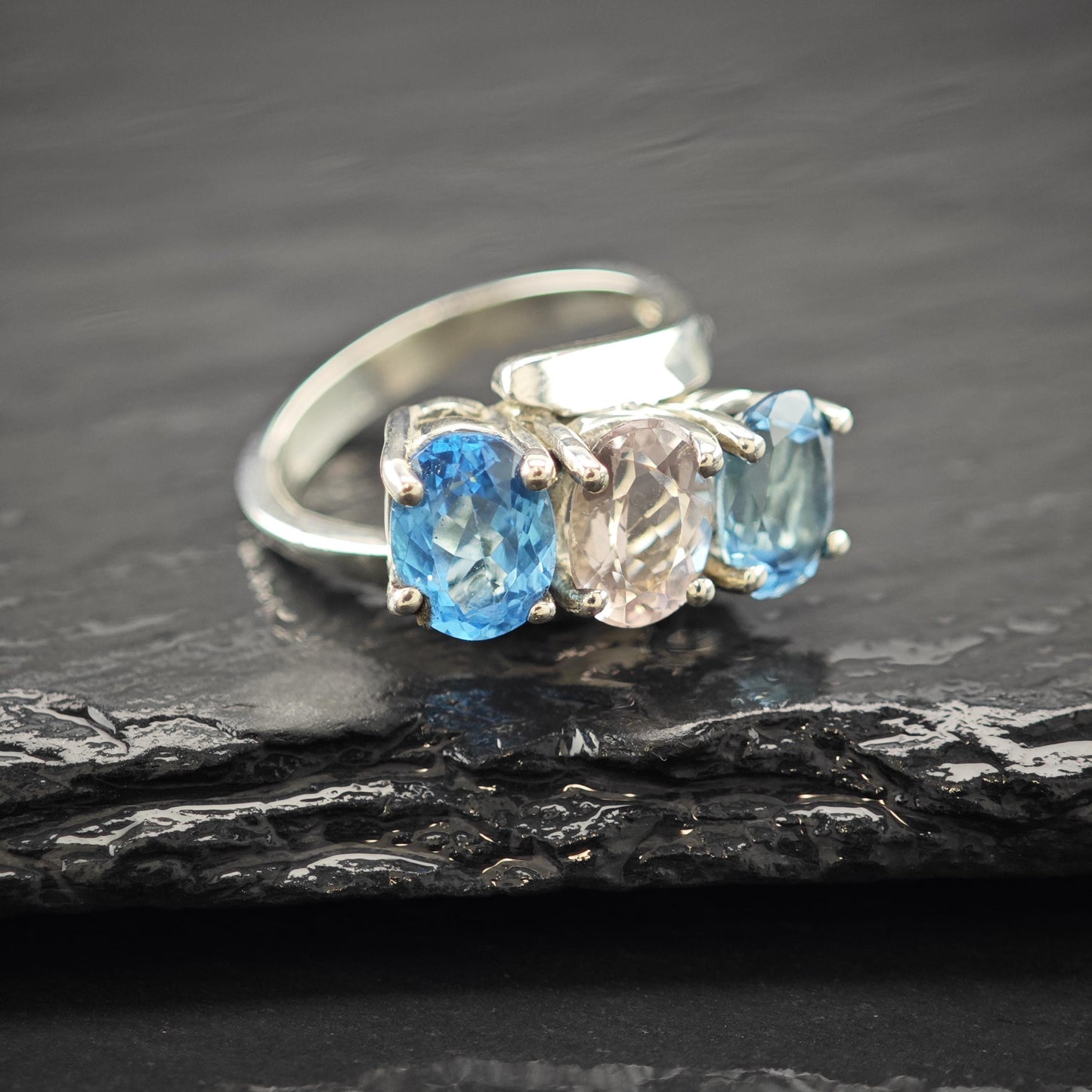 Natural Amethyst and Topaz Ring: Sterling Silver Vintage Style Size 6 3/4