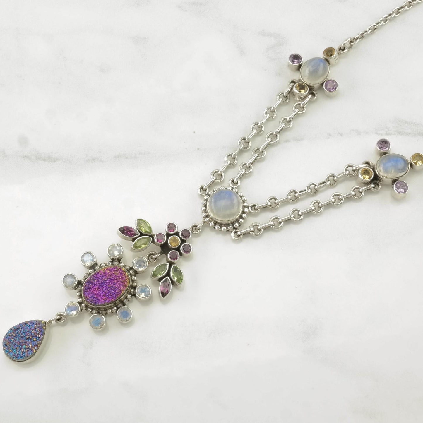 Nicky Butler Sterling Silver Rainbow Pink Moonstone Gemstone Floral Cluster Teardrop Necklace