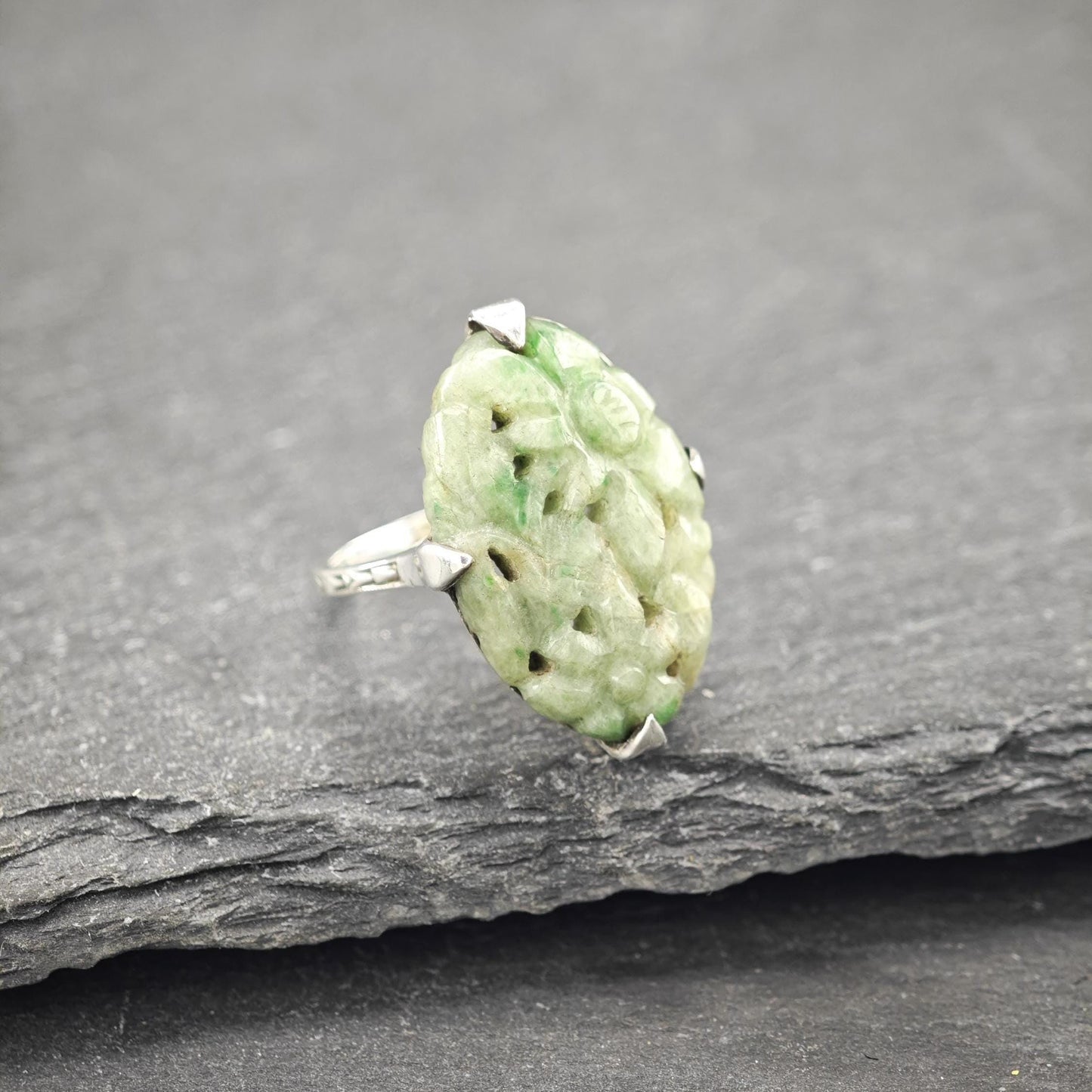 Carved Green Jadeite Jade, Floral Ring Sterling Silver