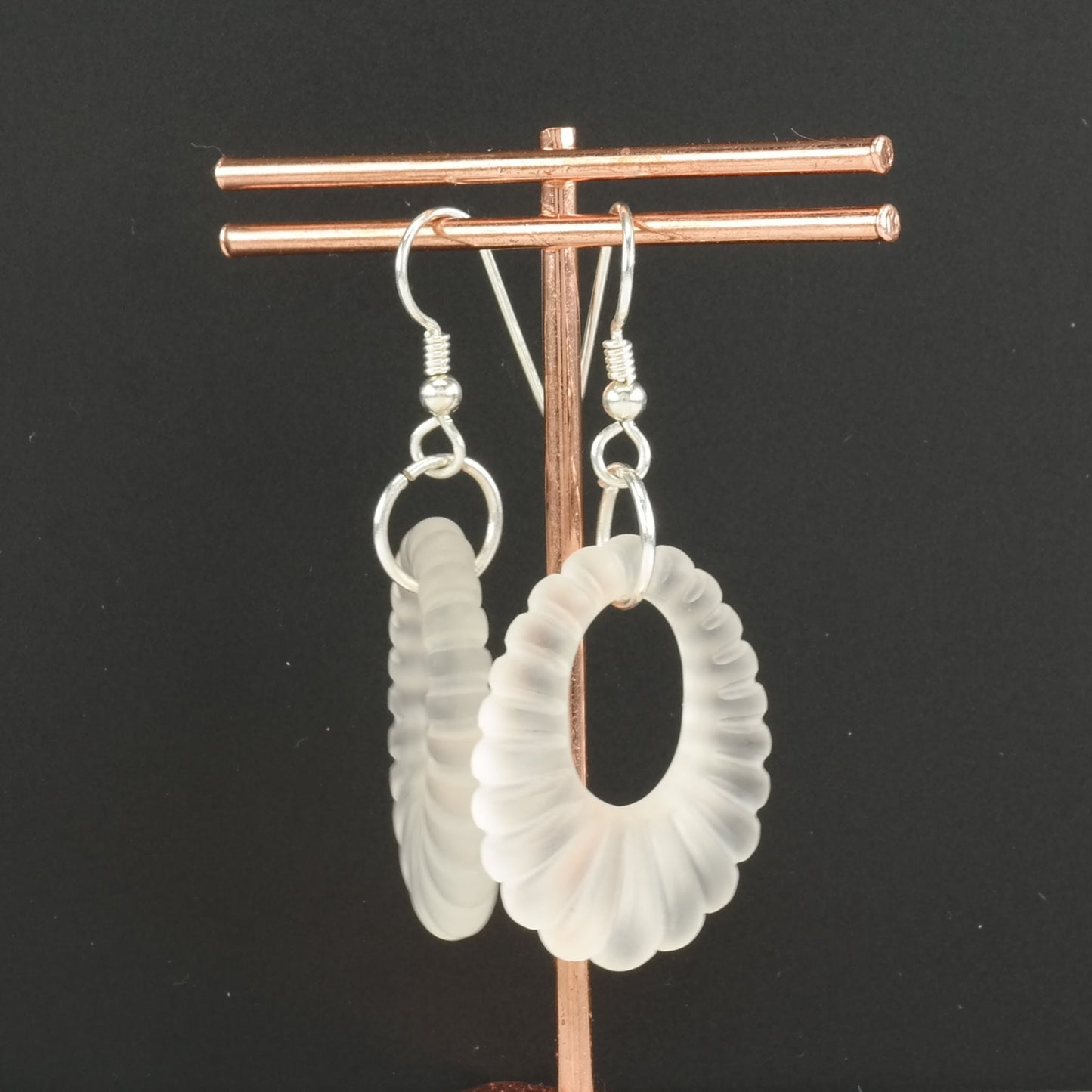 Vintage Sterling Silver Fish hook, dangle Earrings White Sand Blasted, Rock Crystal