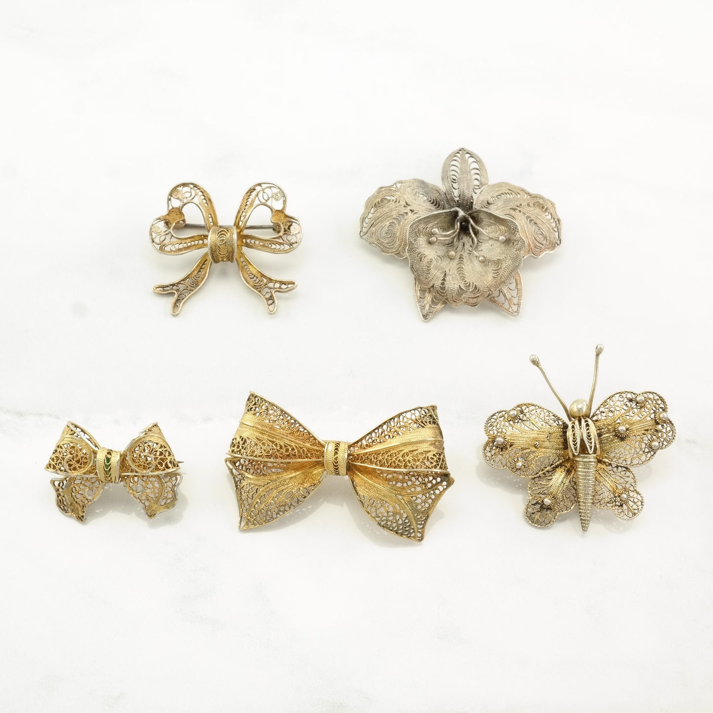 Vintage Brooch Floral, Bow, Butterfly Filigree, Gold Hue Sterling Silver
