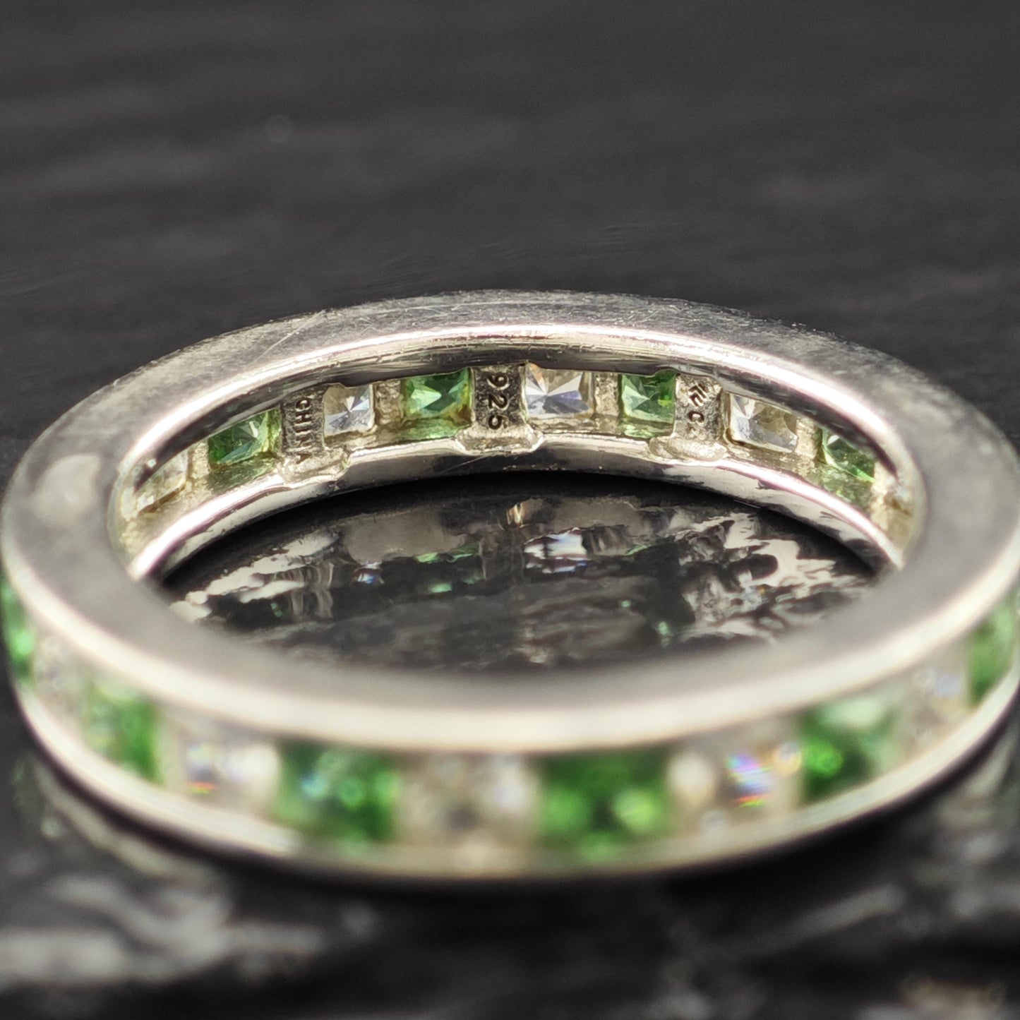 Sterling Silver Ring Green and White CZ Band Size 9 R6046