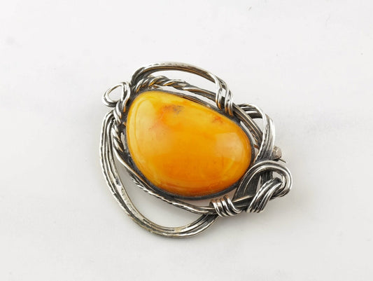 Modernist Sterling Silver Amber Brooch Pendant