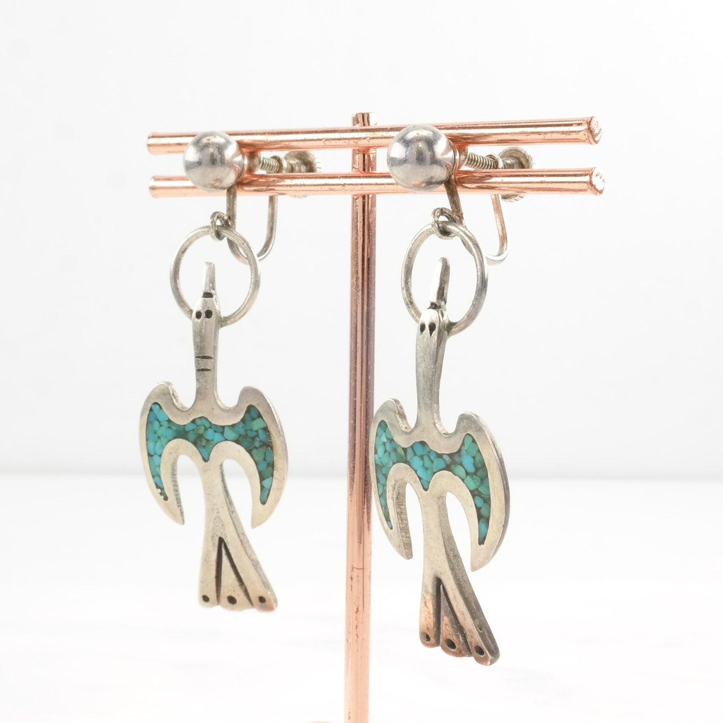 Native American Sterling Silver Blue Crushed Turquoise Inlay Bird Earrings Screwback, Dangle