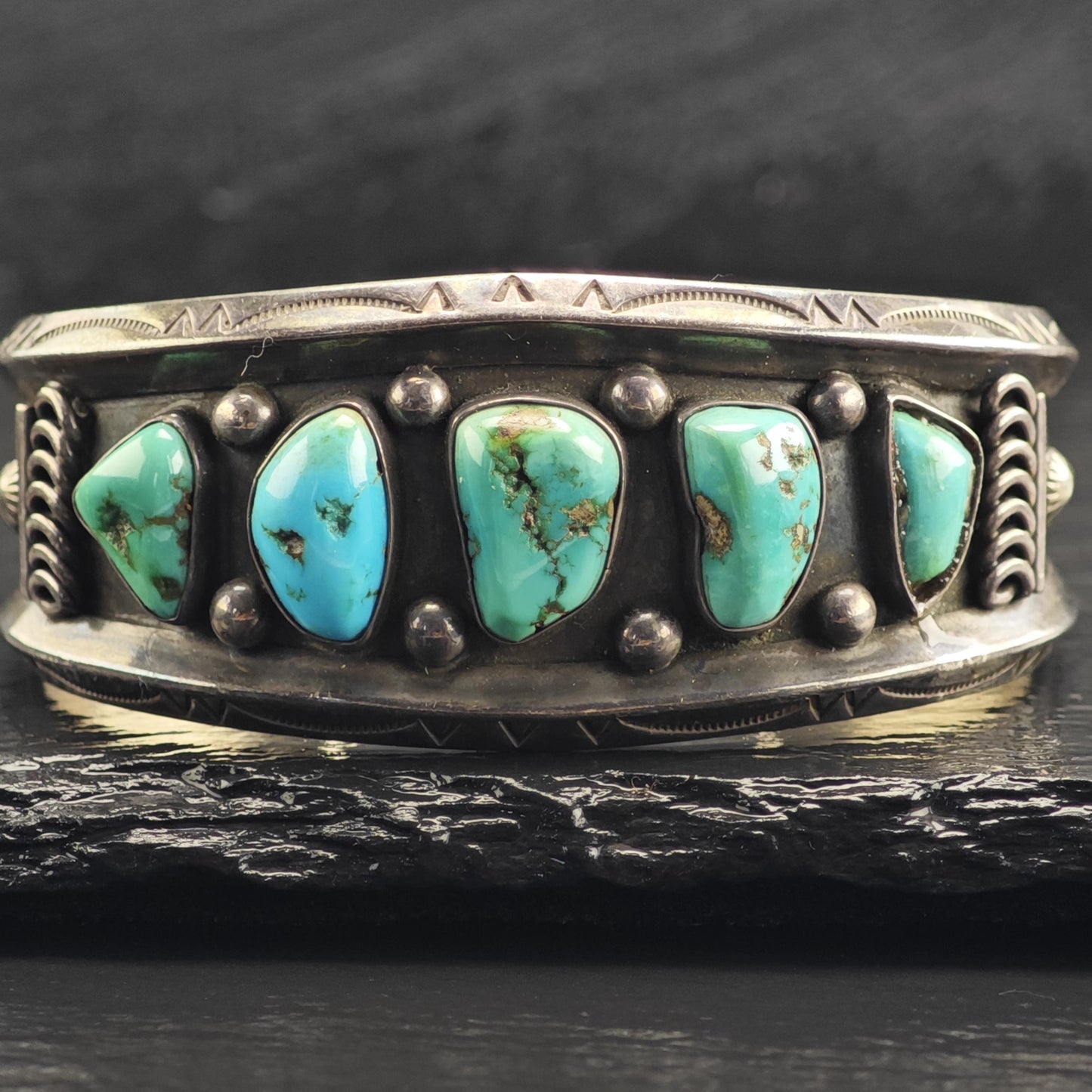 AS IS Native American Turquoise Heavy Patina Sterling Silver Cuff Sz 6 1/4" BR3118
